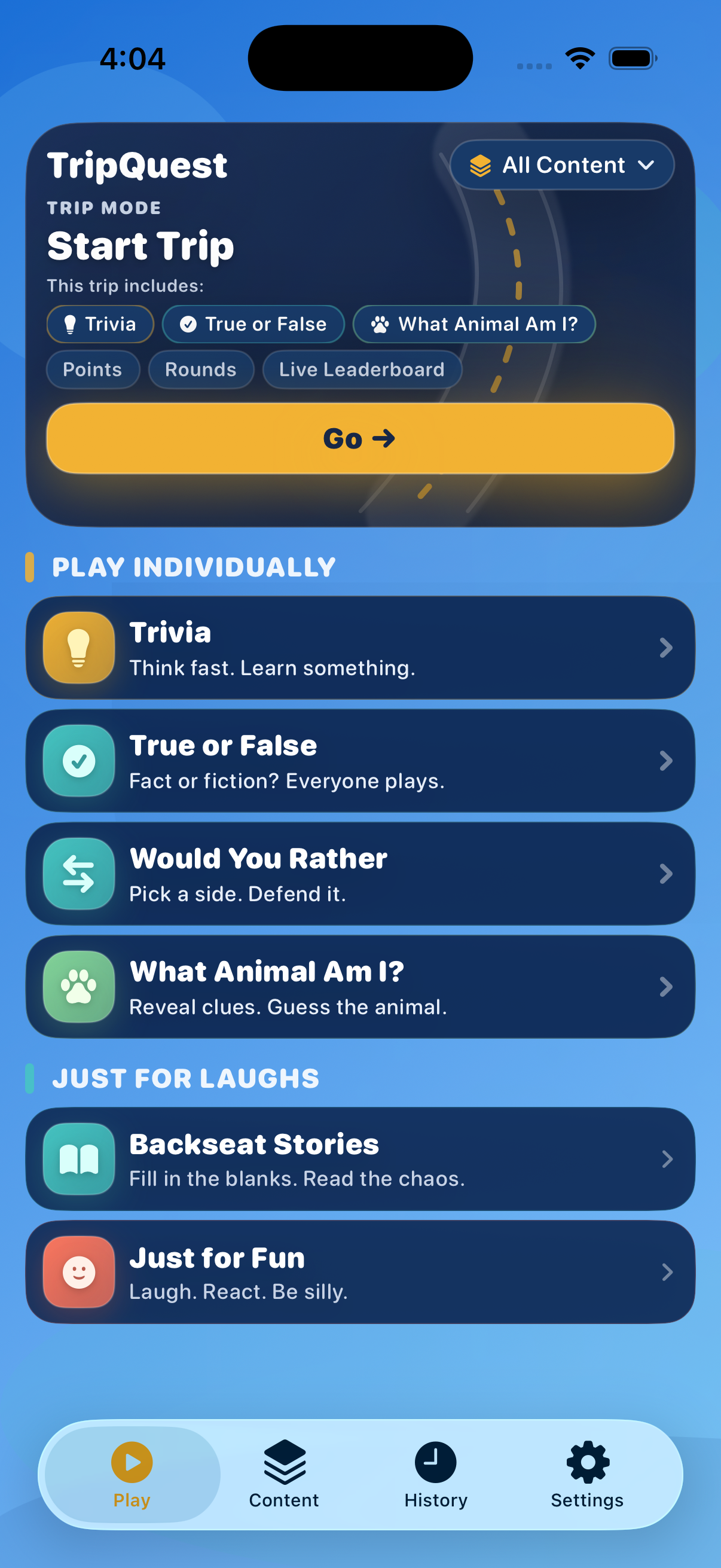 TripQuest home screen