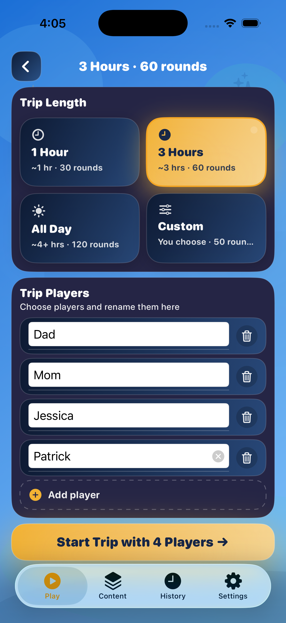 TripQuest Trip Mode setup screen