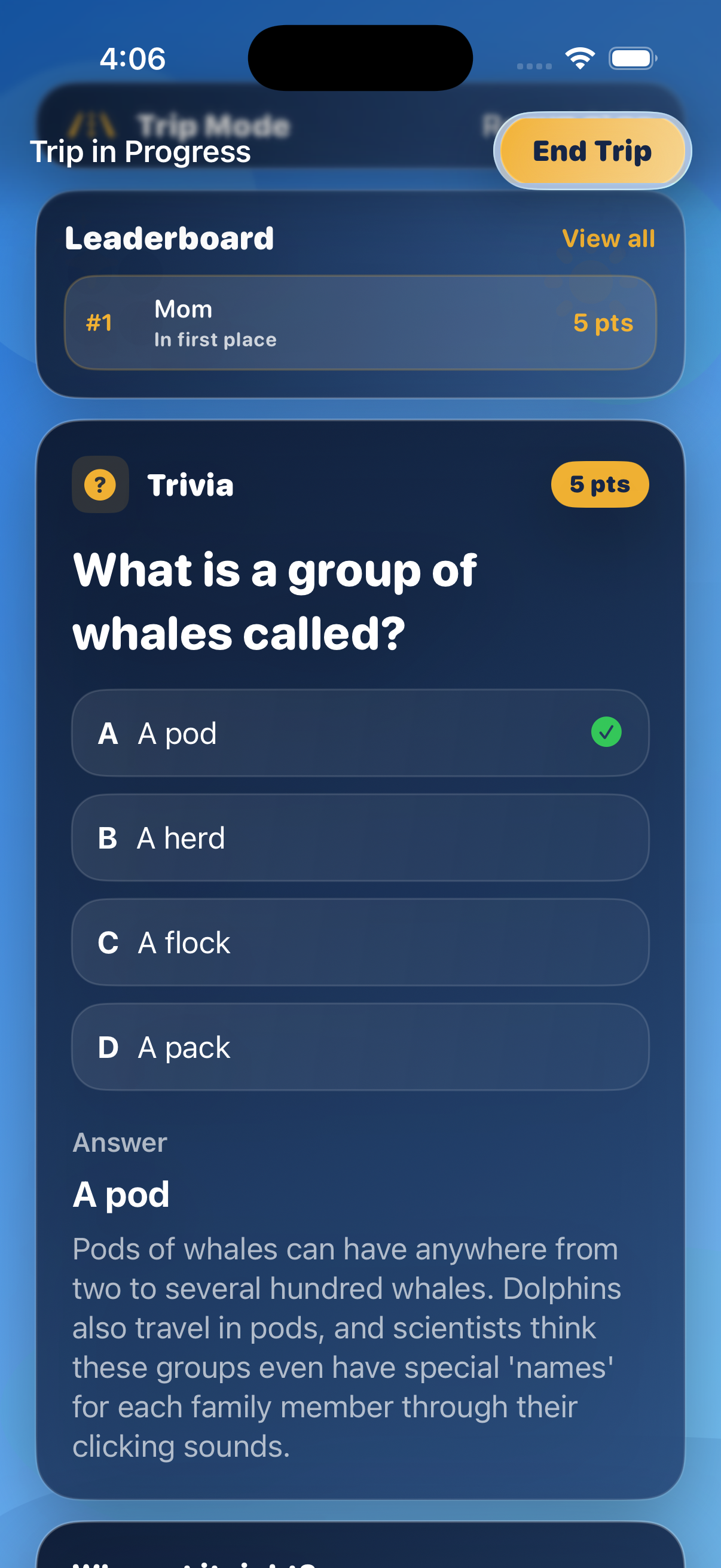 TripQuest trivia screen